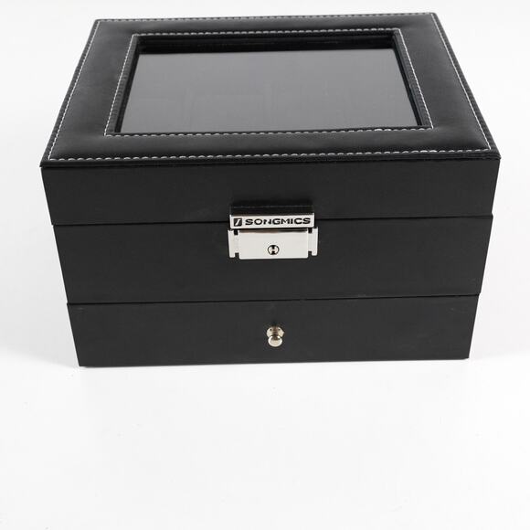 Songmics Black Synthetic Leather Watch Box 8 Slot Glass Window Lid Display Case - Picture 7 of 15